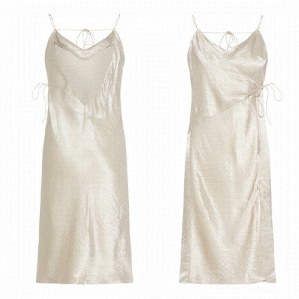 J. LINDEBERG Sleeveless Faux Wrap Midi Dress Champagne Silver 34
